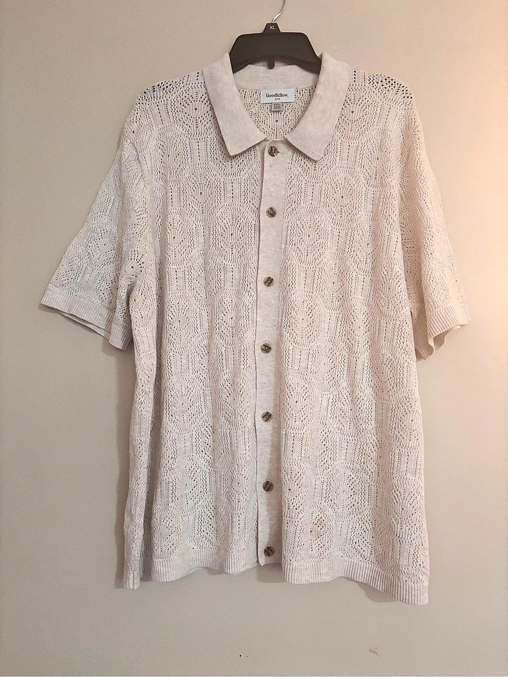 Goodfellow & Co Short-Sleeve Openwork Crochet Polo Sweater —XXL read